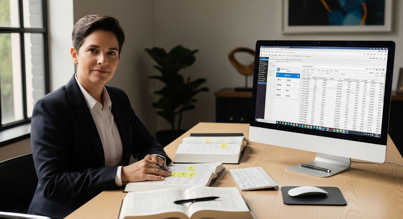 Advogada com documentos e software de cálculo jurídico