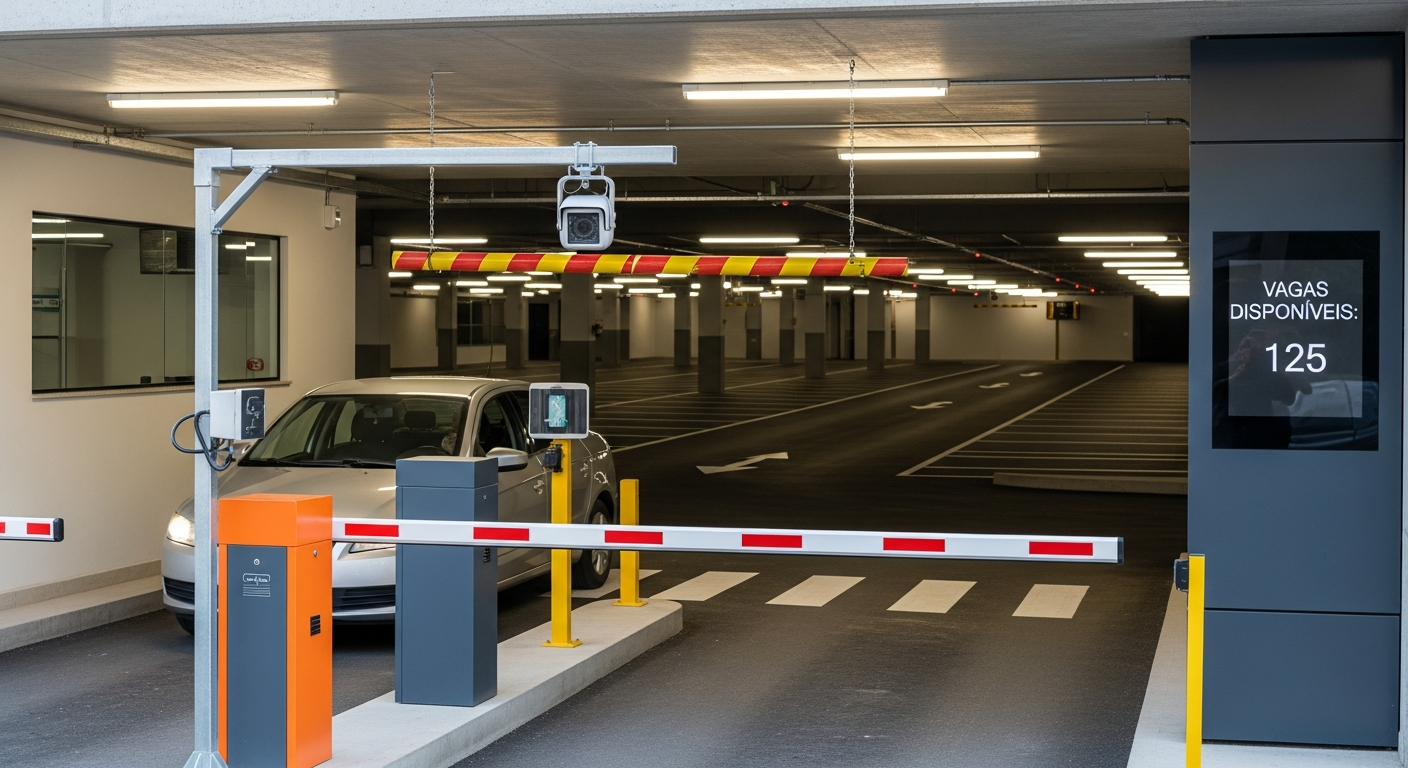 Entrada de estacionamento automatizado com cancela