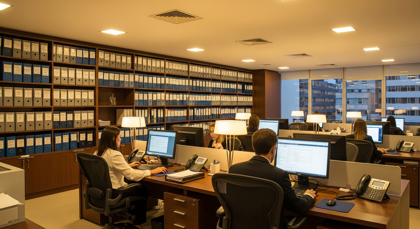 Escritório de advocacia organizado com advogados e pastas de processos